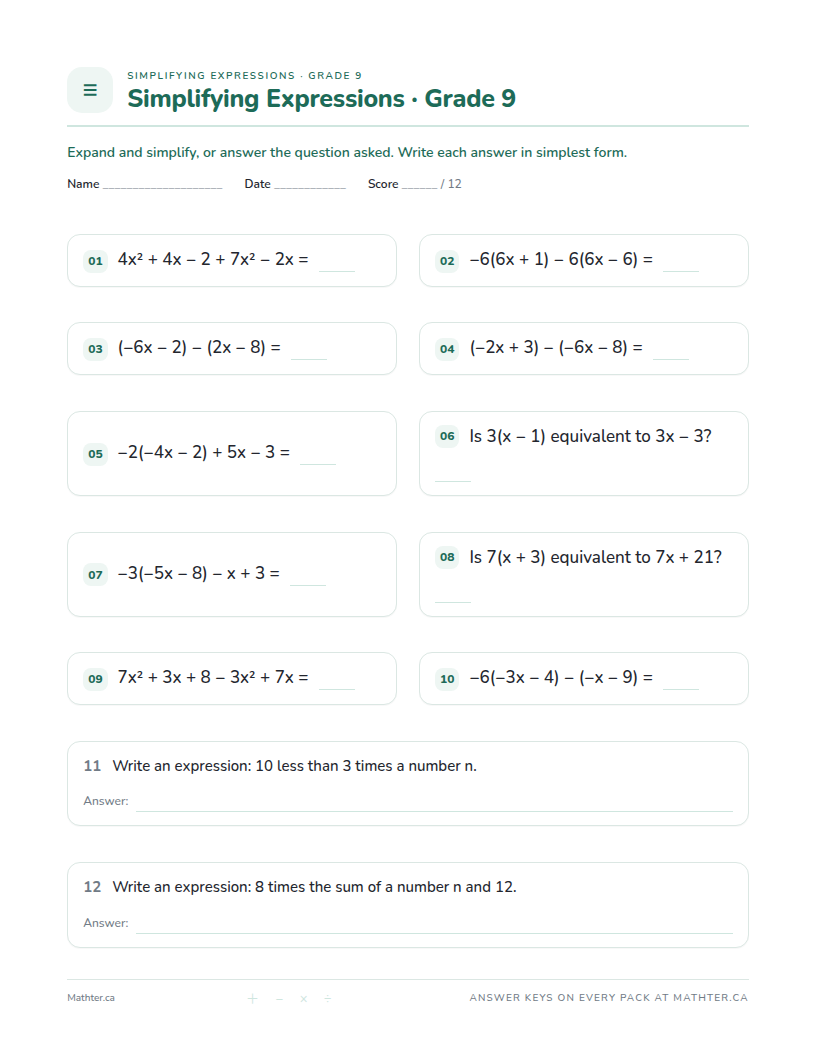 Intermediate Grade 9 simplifying expressions worksheet, page one