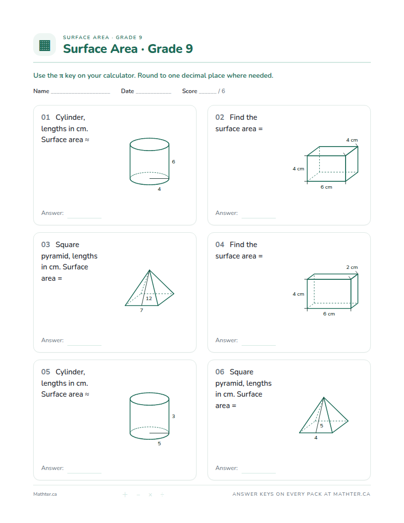 Beginner Grade 9 surface area worksheet, page one