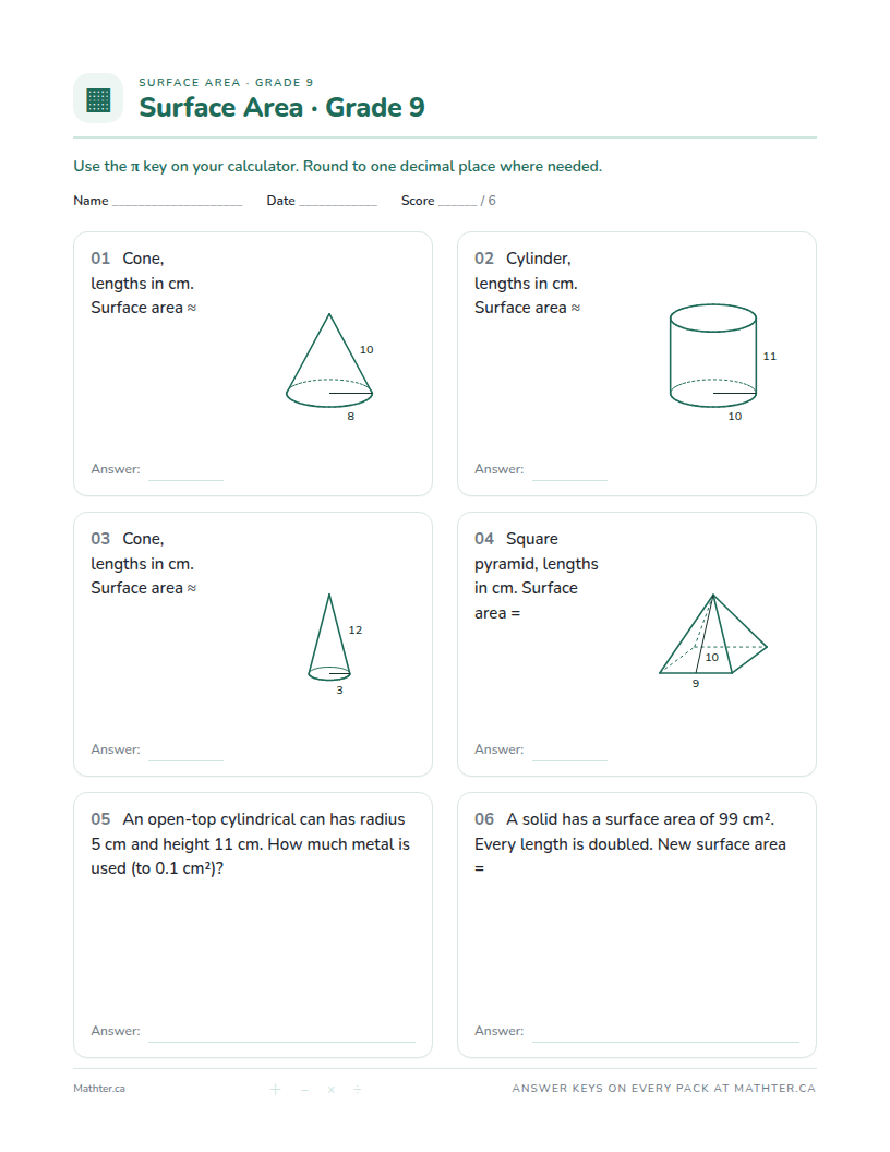 Advanced Grade 9 surface area worksheet, page one
