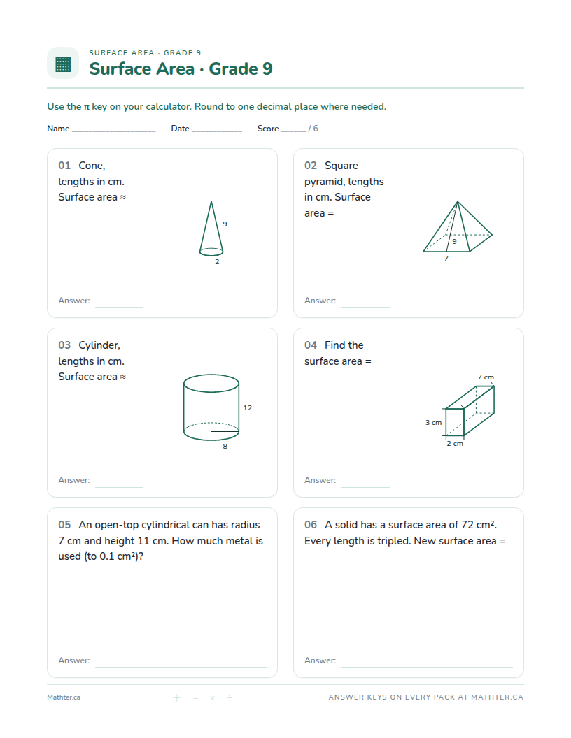 Intermediate Grade 9 surface area worksheet, page one