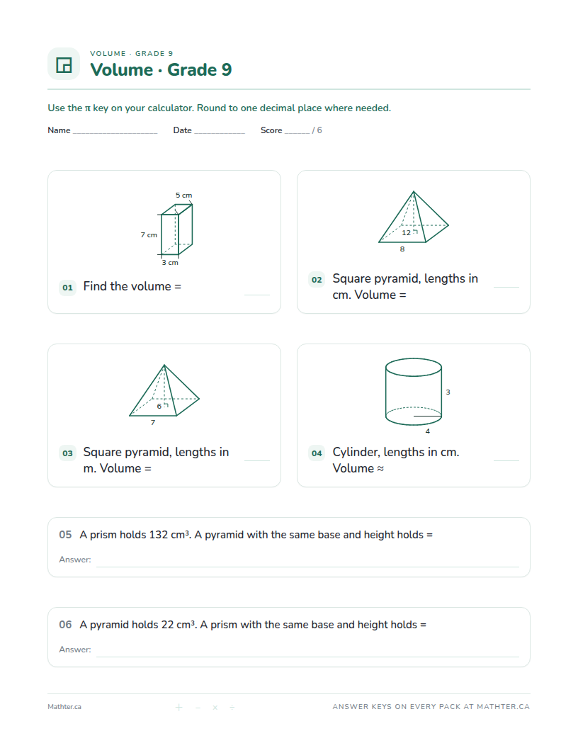 Beginner Grade 9 volume worksheet, page one