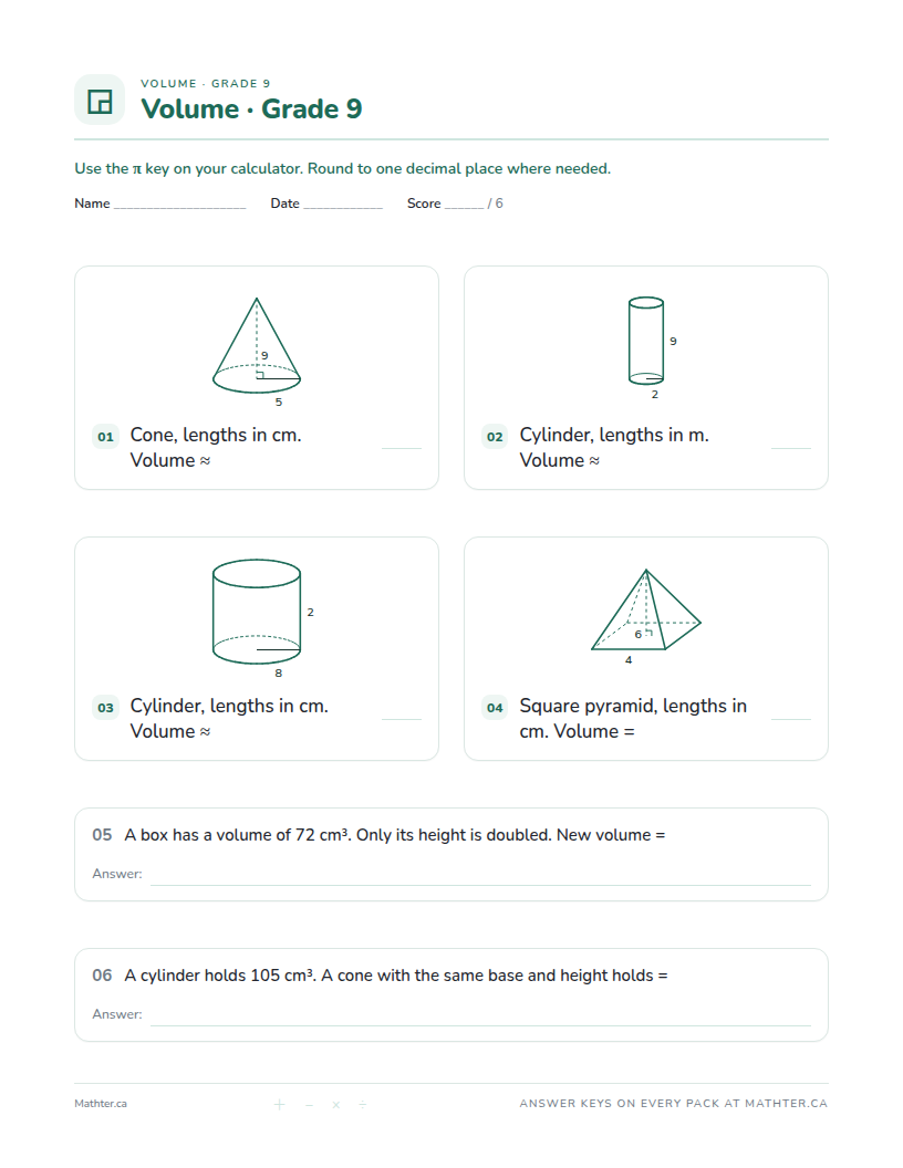 Advanced Grade 9 volume worksheet, page one
