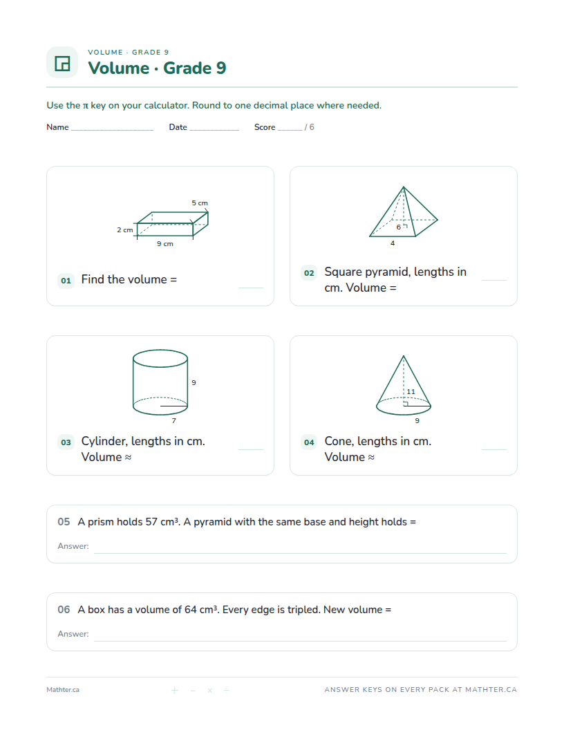Intermediate Grade 9 volume worksheet, page one
