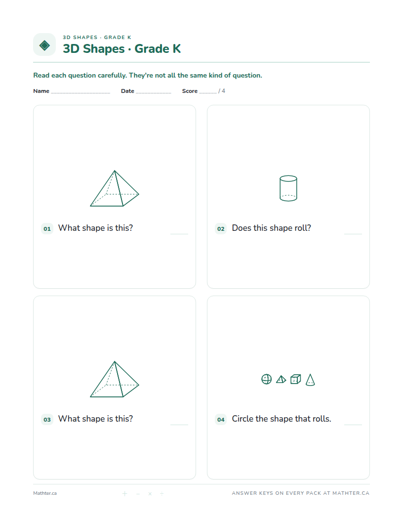 Advanced Grade K 3d shapes worksheet, page one