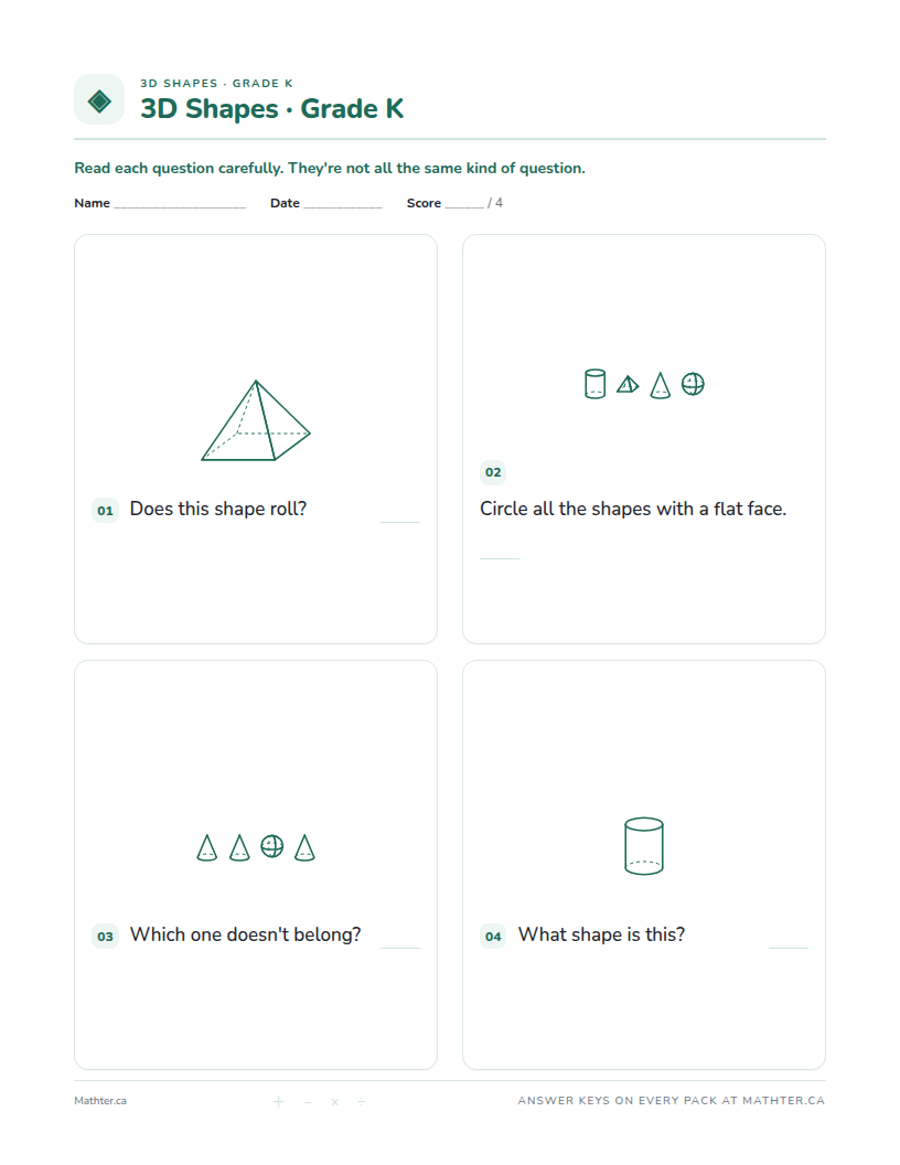 Intermediate Grade K 3d shapes worksheet, page one