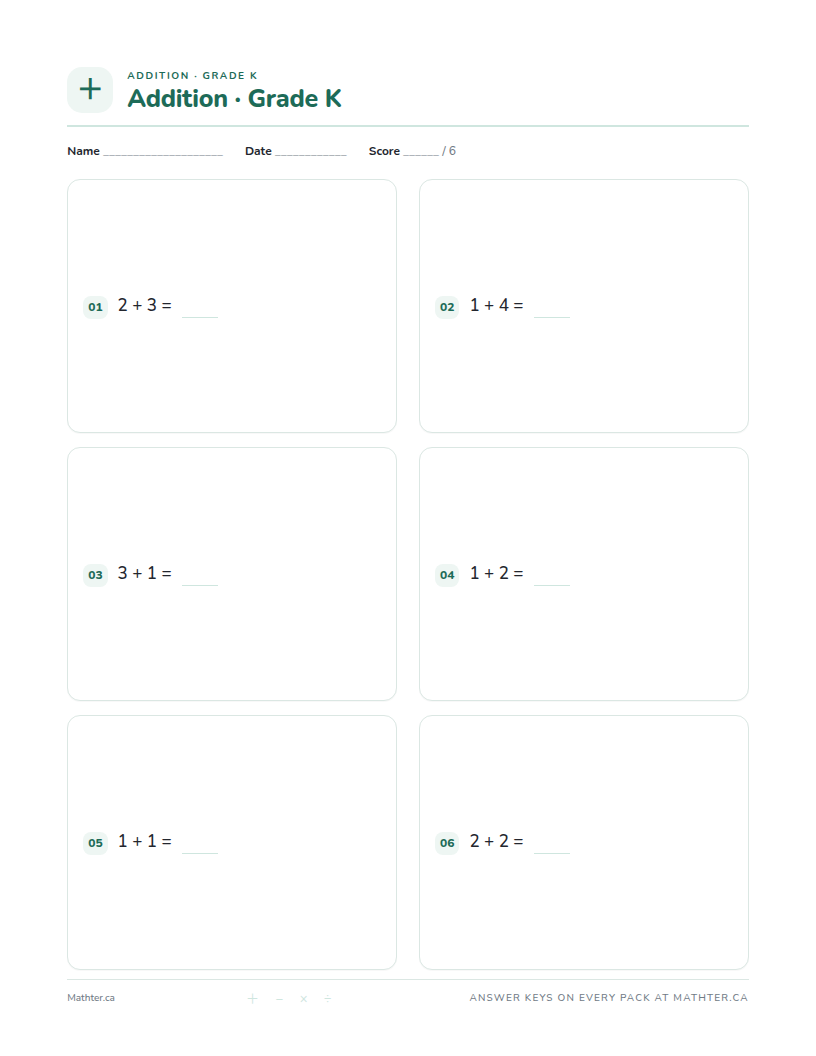 Beginner Grade K addition worksheet, page one