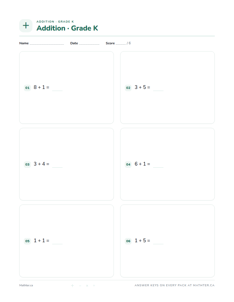 Advanced Grade K addition worksheet, page one
