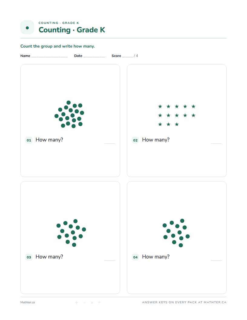 Beginner Grade K counting worksheet, page one