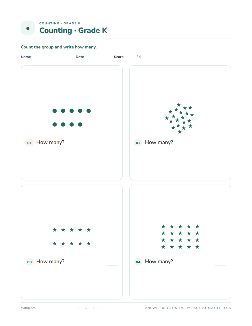 Advanced Grade K counting worksheet, page one