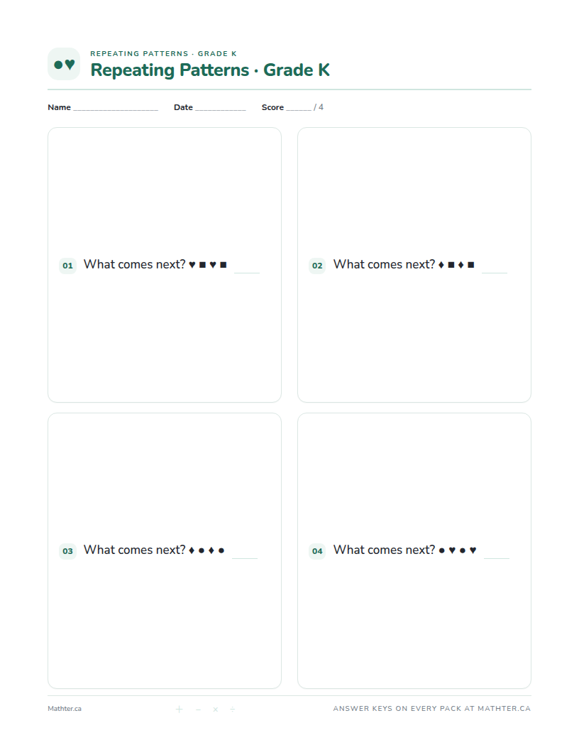 Beginner Grade K repeating pattern worksheet, page one