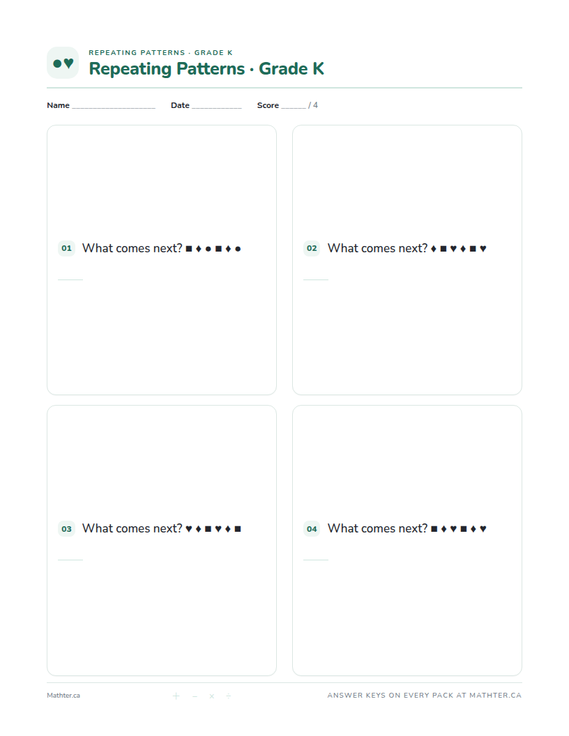 Advanced Grade K repeating pattern worksheet, page one