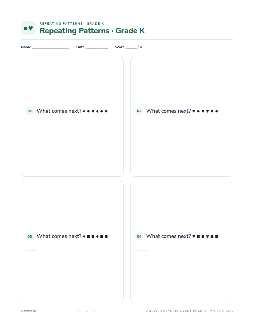 Intermediate Grade K repeating pattern worksheet, page one
