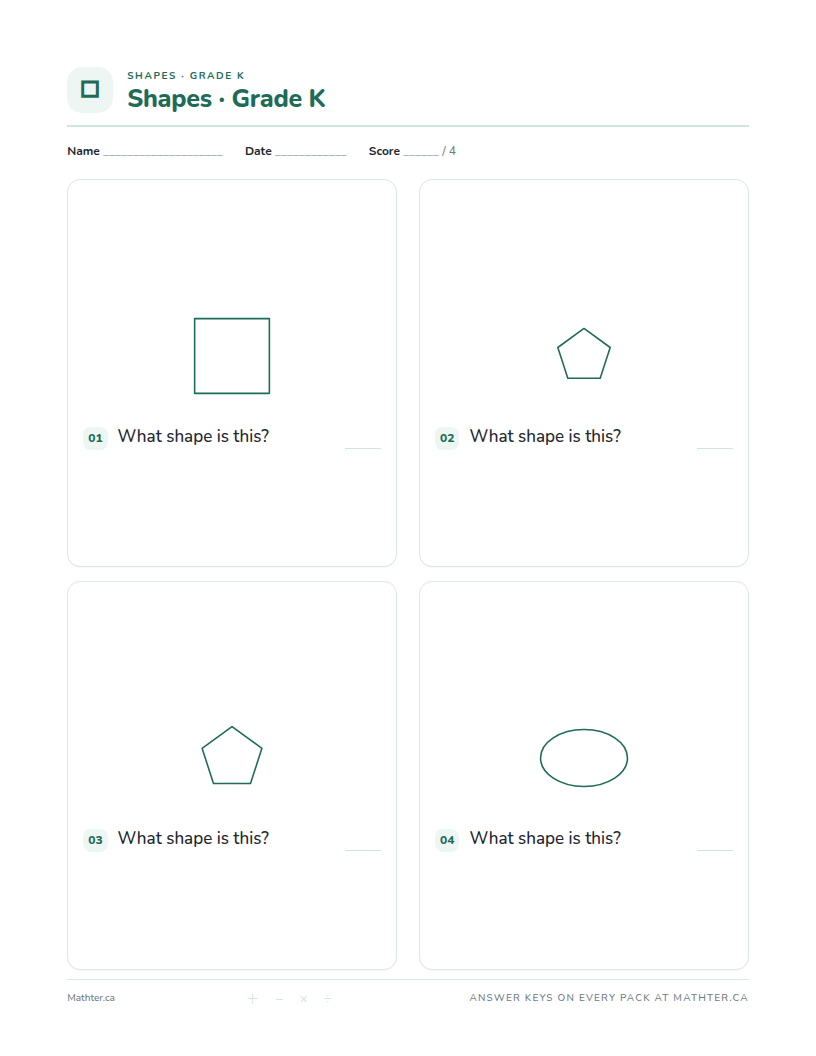 Advanced Grade K shapes worksheet, page one