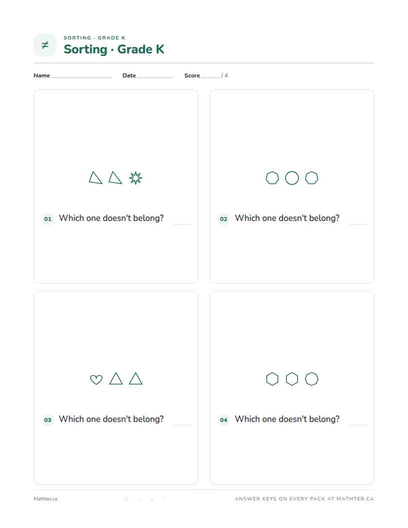 Advanced Grade K sorting worksheet, page one