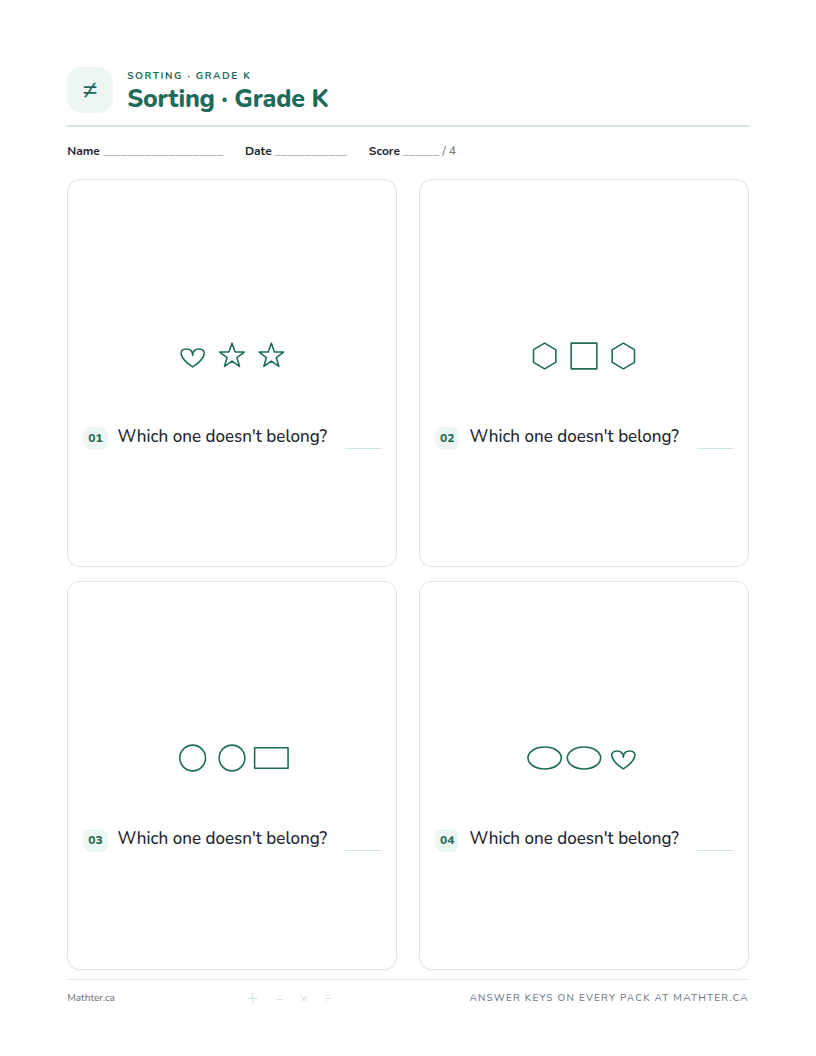 Intermediate Grade K sorting worksheet, page one
