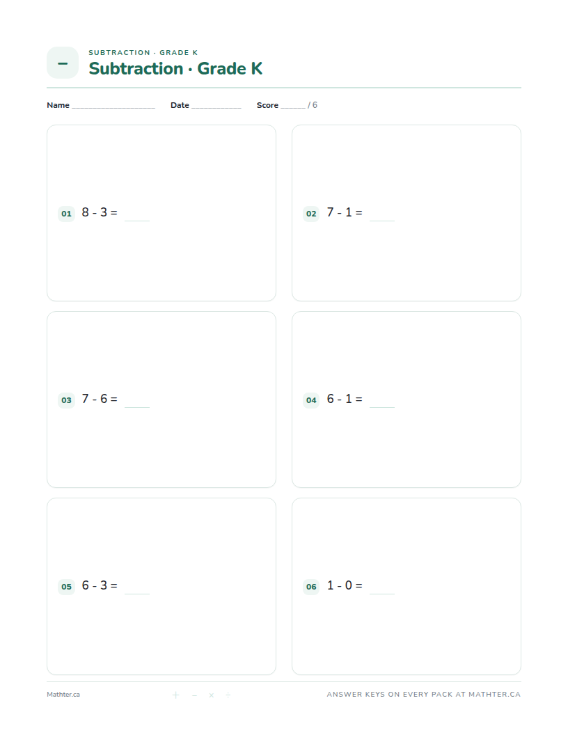 Intermediate Grade K subtraction worksheet, page one